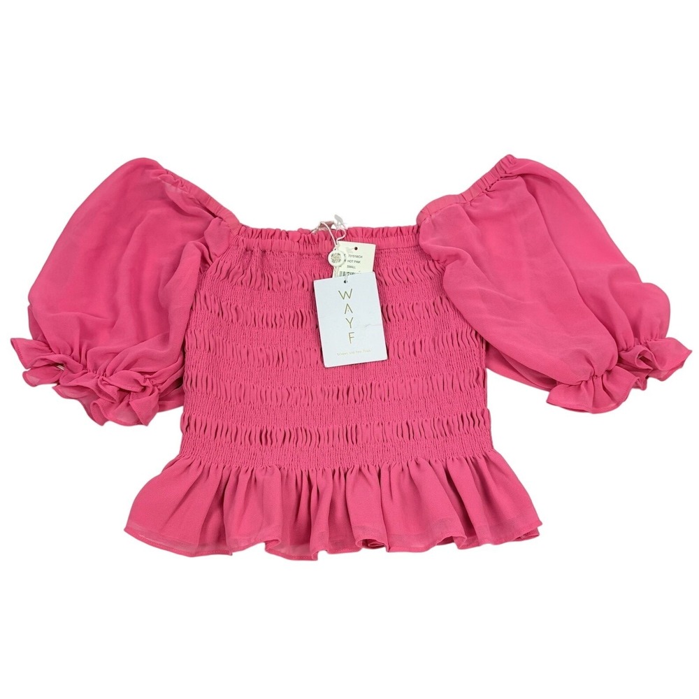 WAYF Hot Pink Smocked Crop Top Puffy Sleeve Small Feminine Sorority‎ Girlie NWT